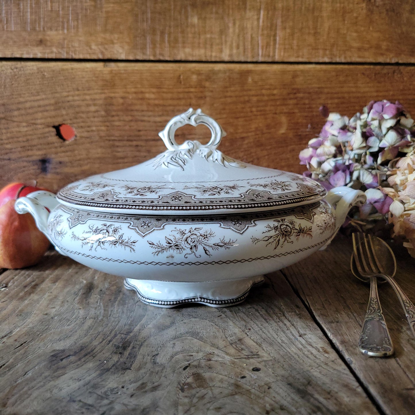 Antique Brown Transferware Soupiere / soup tureen, Onnaing "Roses Mousses",  France c1900.