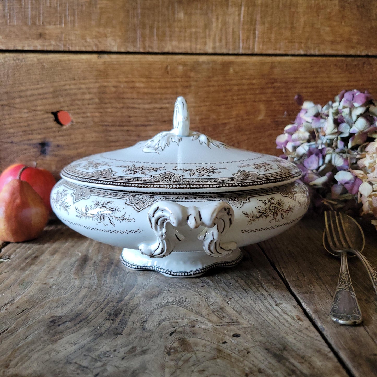 Antique Brown Transferware Soupiere / soup tureen, Onnaing "Roses Mousses",  France c1900.