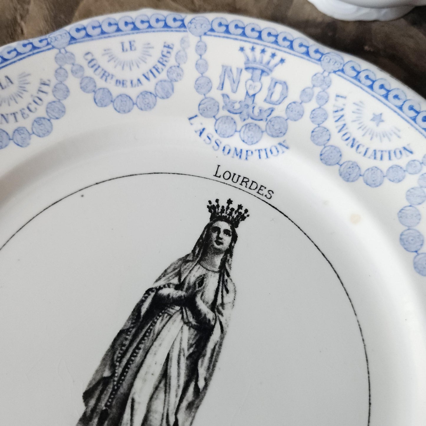 PAIR Antique Sarreguemines Lourdes Plates Blue Black Transferware France c1890 Virgin Mary