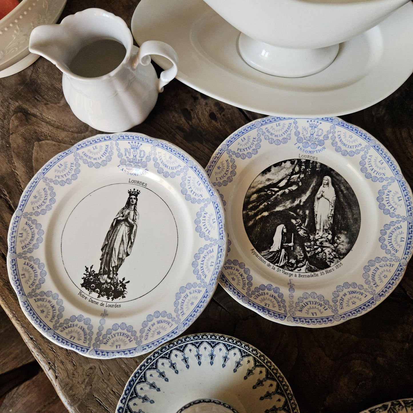 PAIR Antique Sarreguemines Lourdes Plates Blue Black Transferware France c1890 Virgin Mary