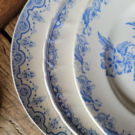 Set of 3 Antique mismatched French Blue Transferware Plates Vieillard St Amand BFK c1890