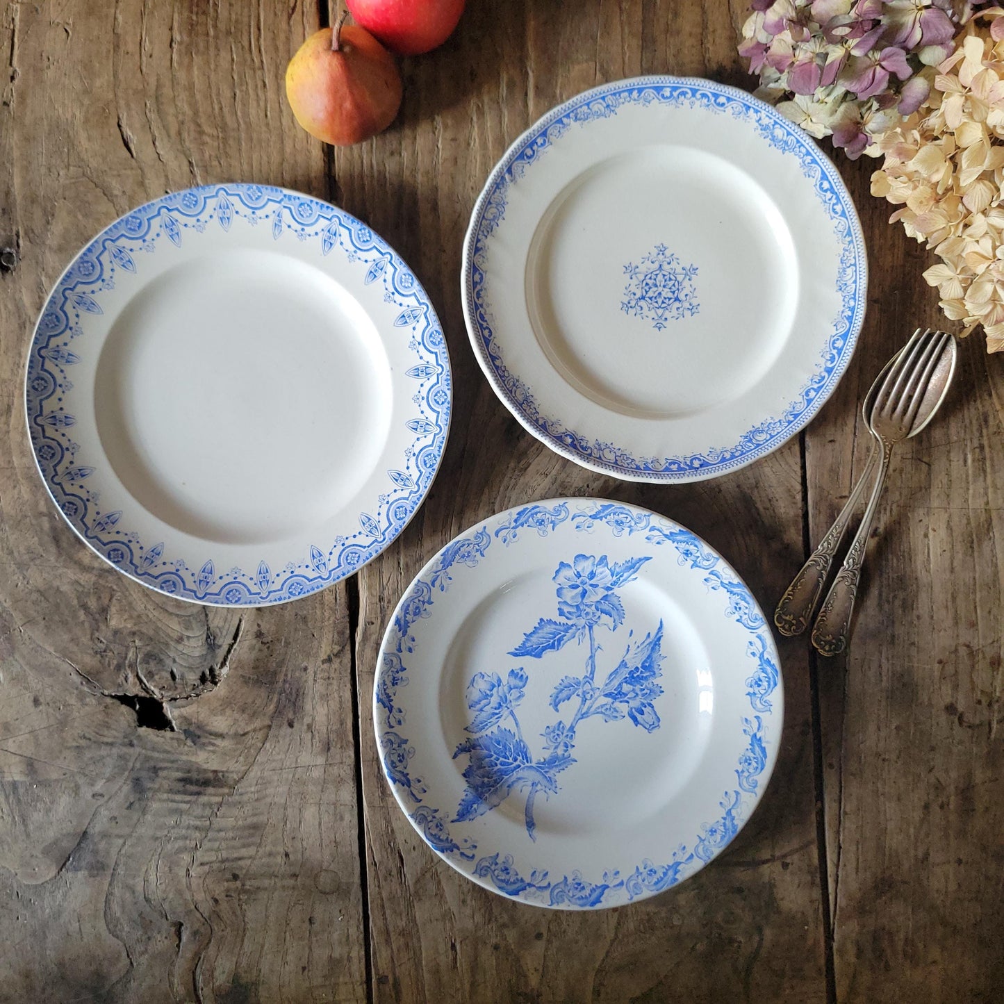 Set of 3 Antique mismatched French Blue Transferware Plates Vieillard St Amand BFK c1890