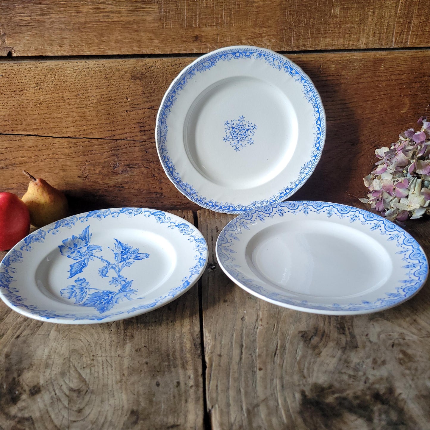 Set of 3 Antique mismatched French Blue Transferware Plates Vieillard St Amand BFK c1890