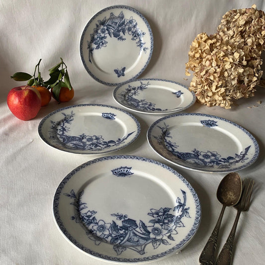 Set of 5 French antique dinner plates, flowers + butterflies, Aesthetic Movement 'Wallace' by U&C Sarreguemines, France 1900