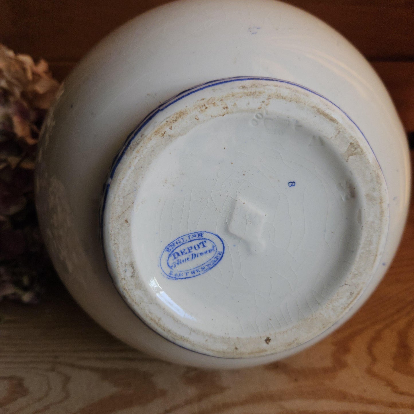 Antique large cornflower blue transferware pitcher, Ribbons pattern, Drulot Paris
