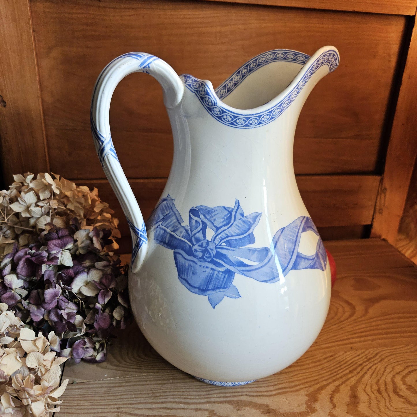 Antique large cornflower blue transferware pitcher, Ribbons pattern, Drulot Paris