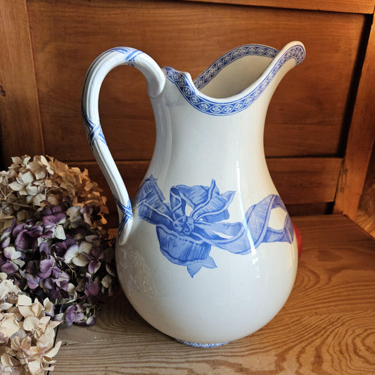 Antique large cornflower blue transferware pitcher, Ribbons pattern, Drulot Paris