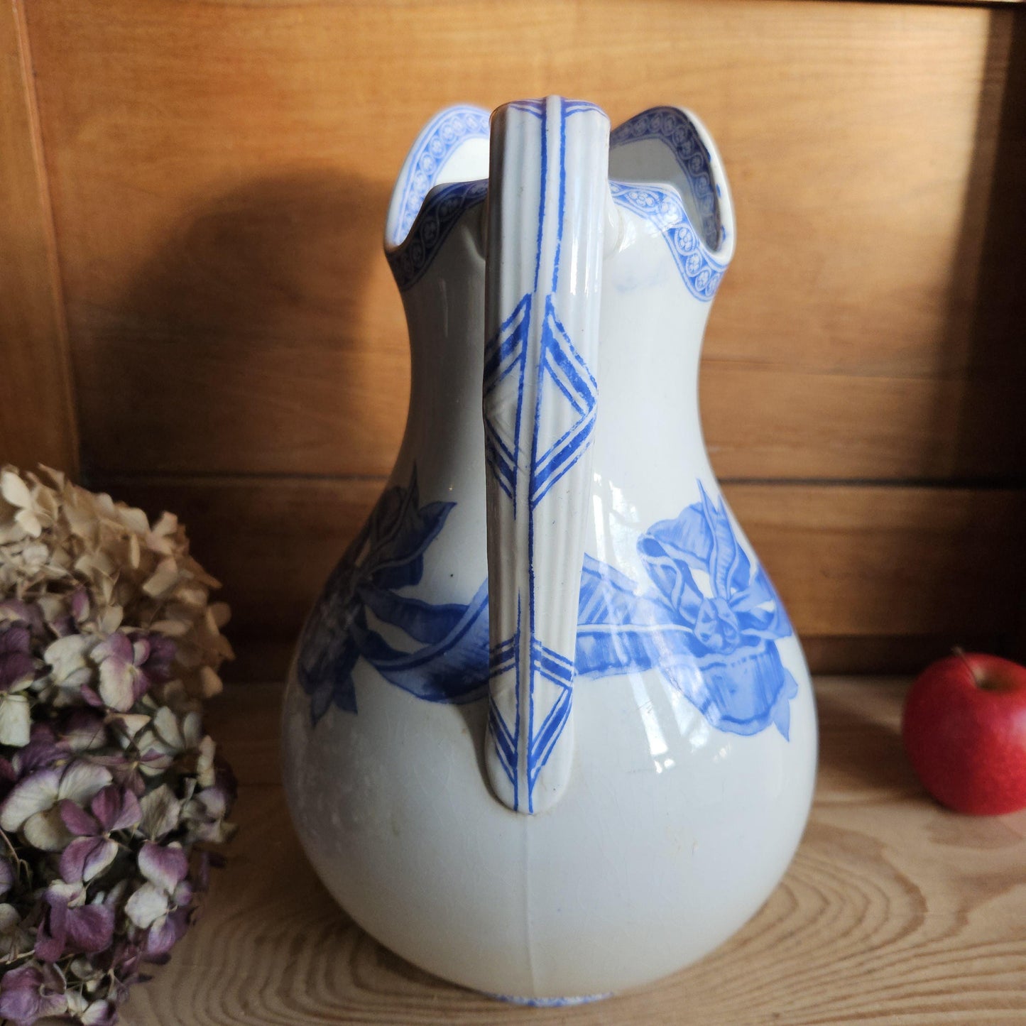 Antique large cornflower blue transferware pitcher, Ribbons pattern, Drulot Paris