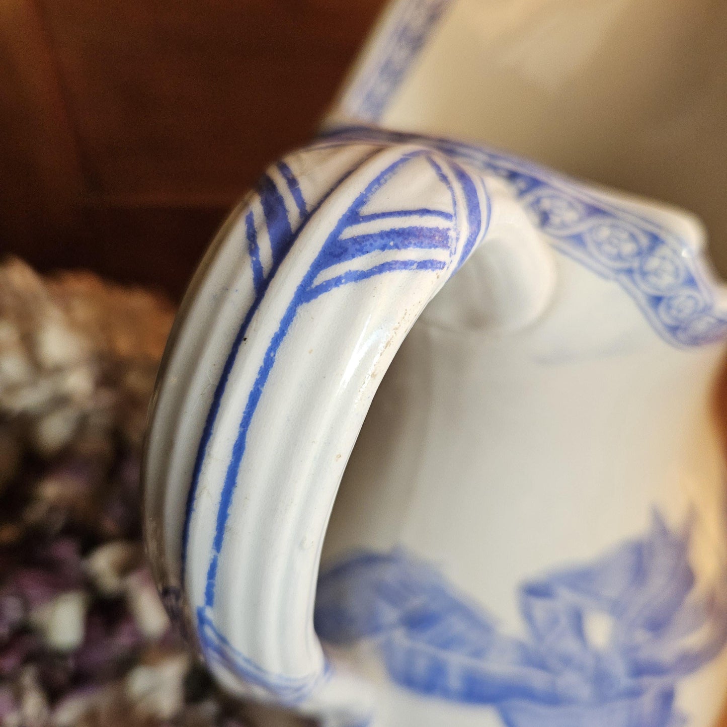 Antique large cornflower blue transferware pitcher, Ribbons pattern, Drulot Paris