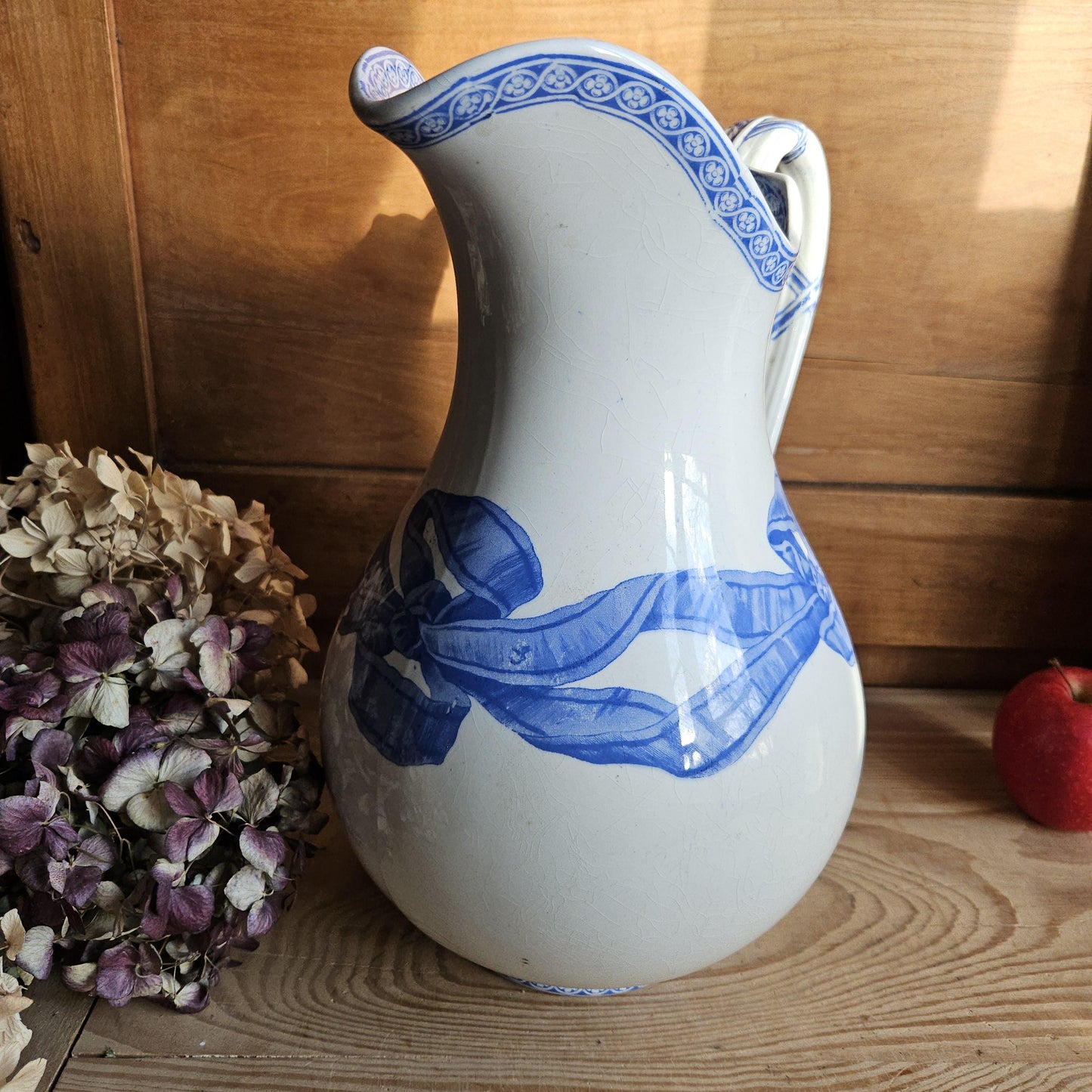 Antique large cornflower blue transferware pitcher, Ribbons pattern, Drulot Paris