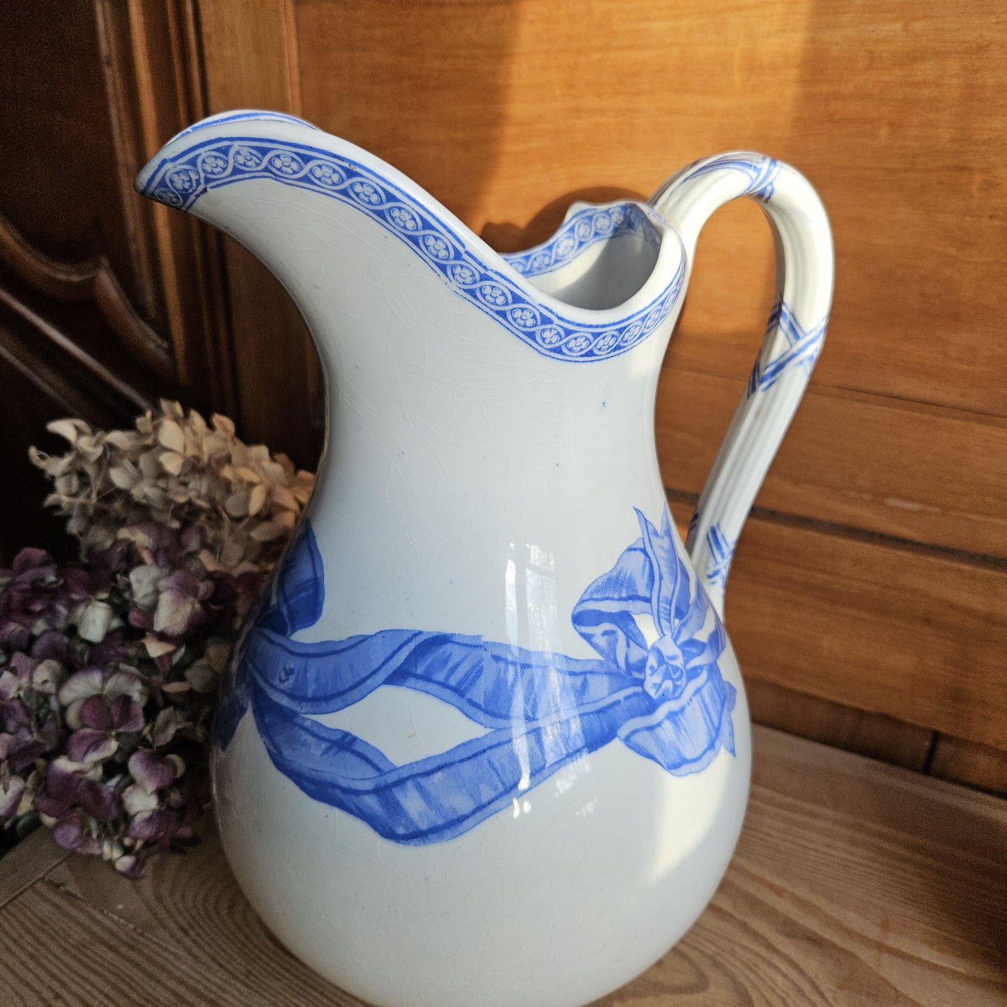 Antique large cornflower blue transferware pitcher, Ribbons pattern, Drulot Paris