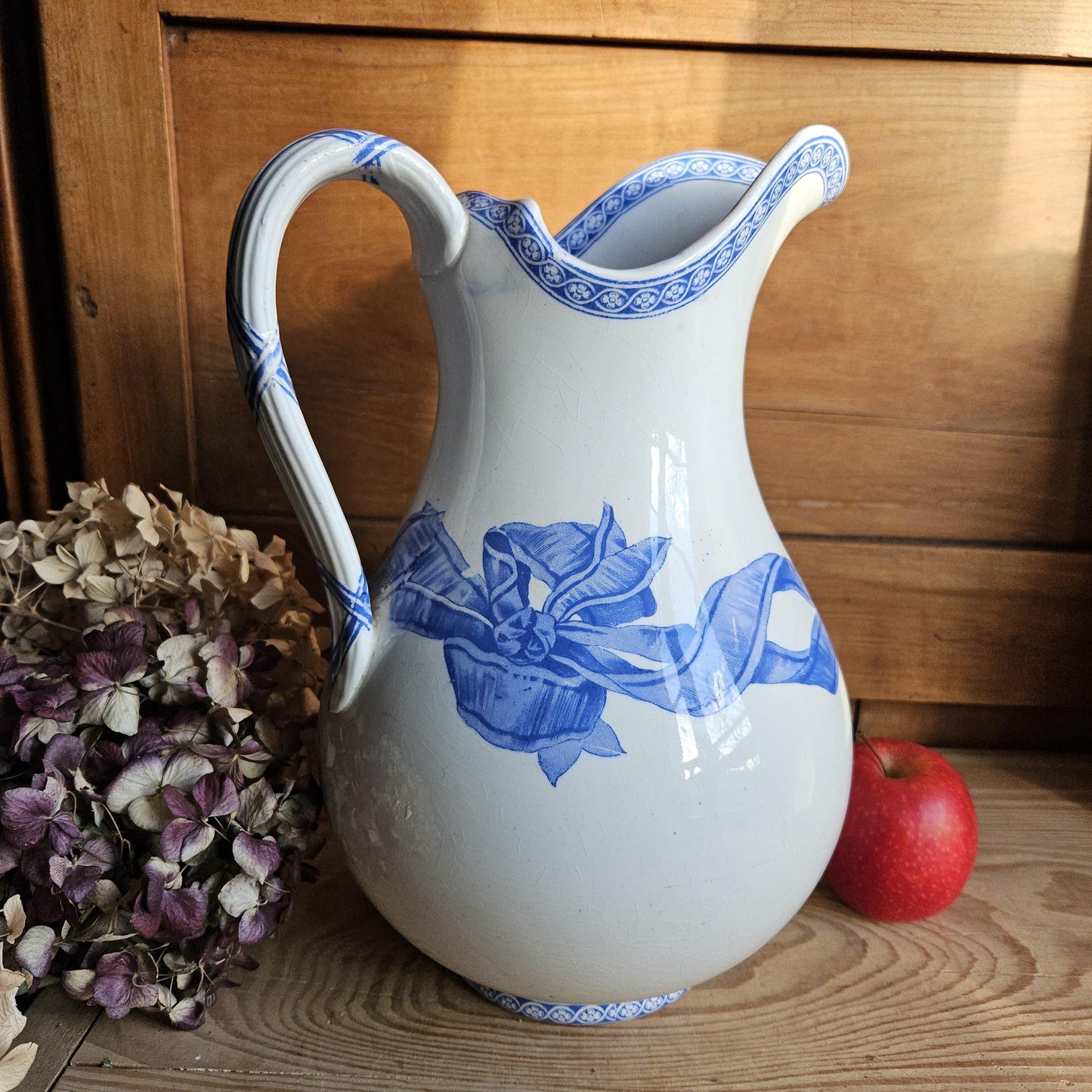 Antique large cornflower blue transferware pitcher, Ribbons pattern, Drulot Paris