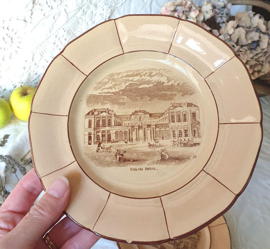 SET 5 Paris Architecture 19thC cabinet plates, sepia transferware on beige, K&G Luneville France