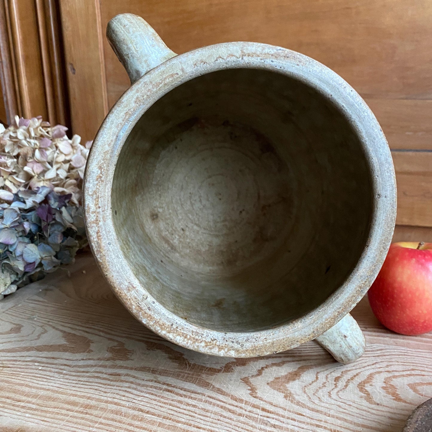 Antique French Confit Pot with lid - mottled glaze two handled stoneware, pale brown and ecru, early to mid 1900s