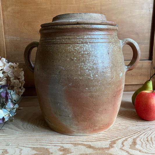 Antique French Confit Pot with lid - mottled glaze two handled stoneware, pale brown and ecru, early to mid 1900s
