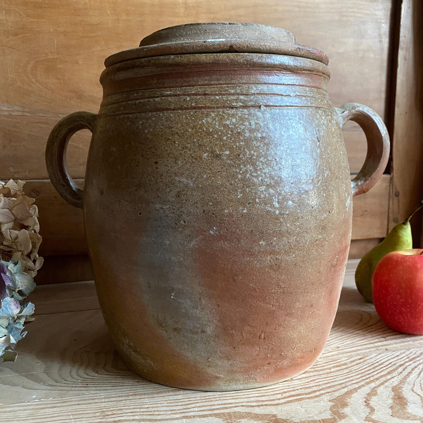 Antique French Confit Pot with lid - mottled glaze two handled stoneware, pale brown and ecru, early to mid 1900s