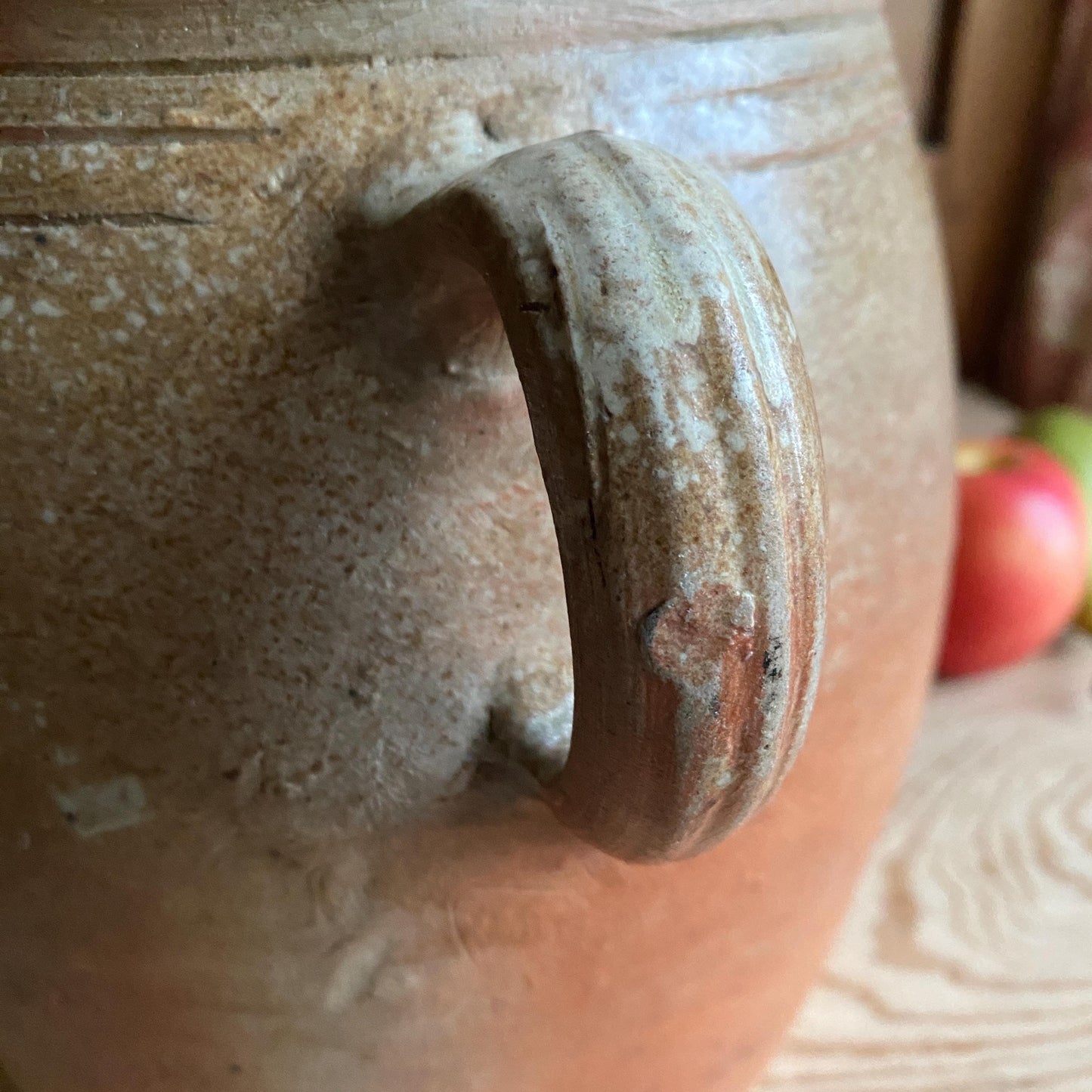 Antique French Confit Pot with lid - mottled glaze two handled stoneware, pale brown and ecru, early to mid 1900s