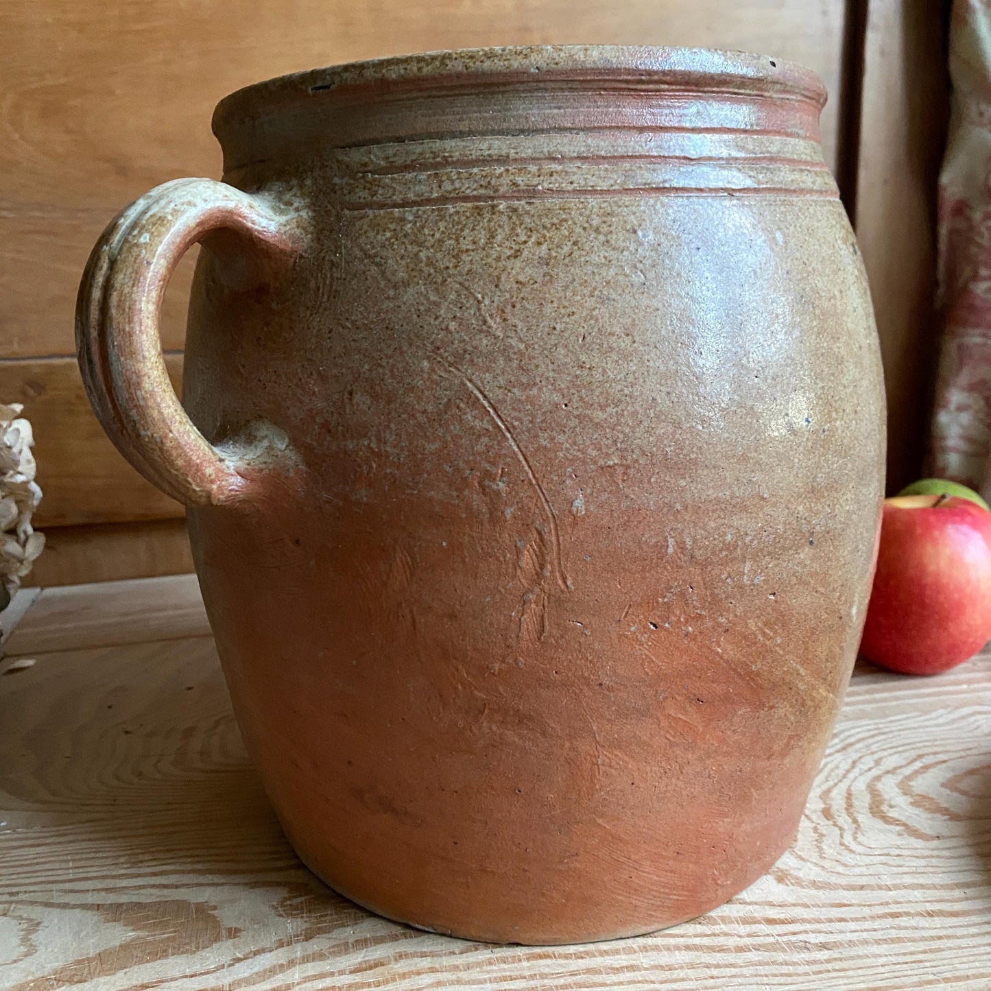Antique French Confit Pot with lid - mottled glaze two handled stoneware, pale brown and ecru, early to mid 1900s