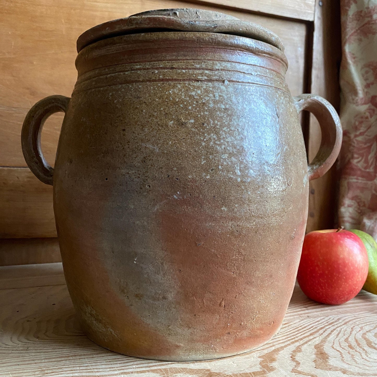 Antique French Confit Pot with lid - mottled glaze two handled stoneware, pale brown and ecru, early to mid 1900s