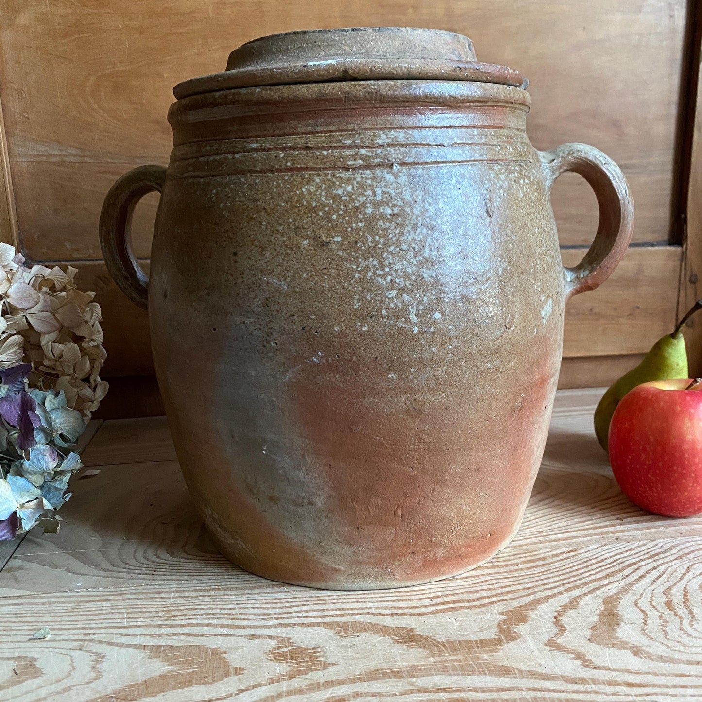 Antique French Confit Pot with lid - mottled glaze two handled stoneware, pale brown and ecru, early to mid 1900s