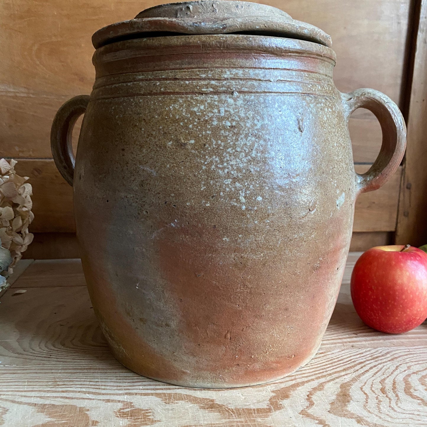 Antique French Confit Pot with lid - mottled glaze two handled stoneware, pale brown and ecru, early to mid 1900s