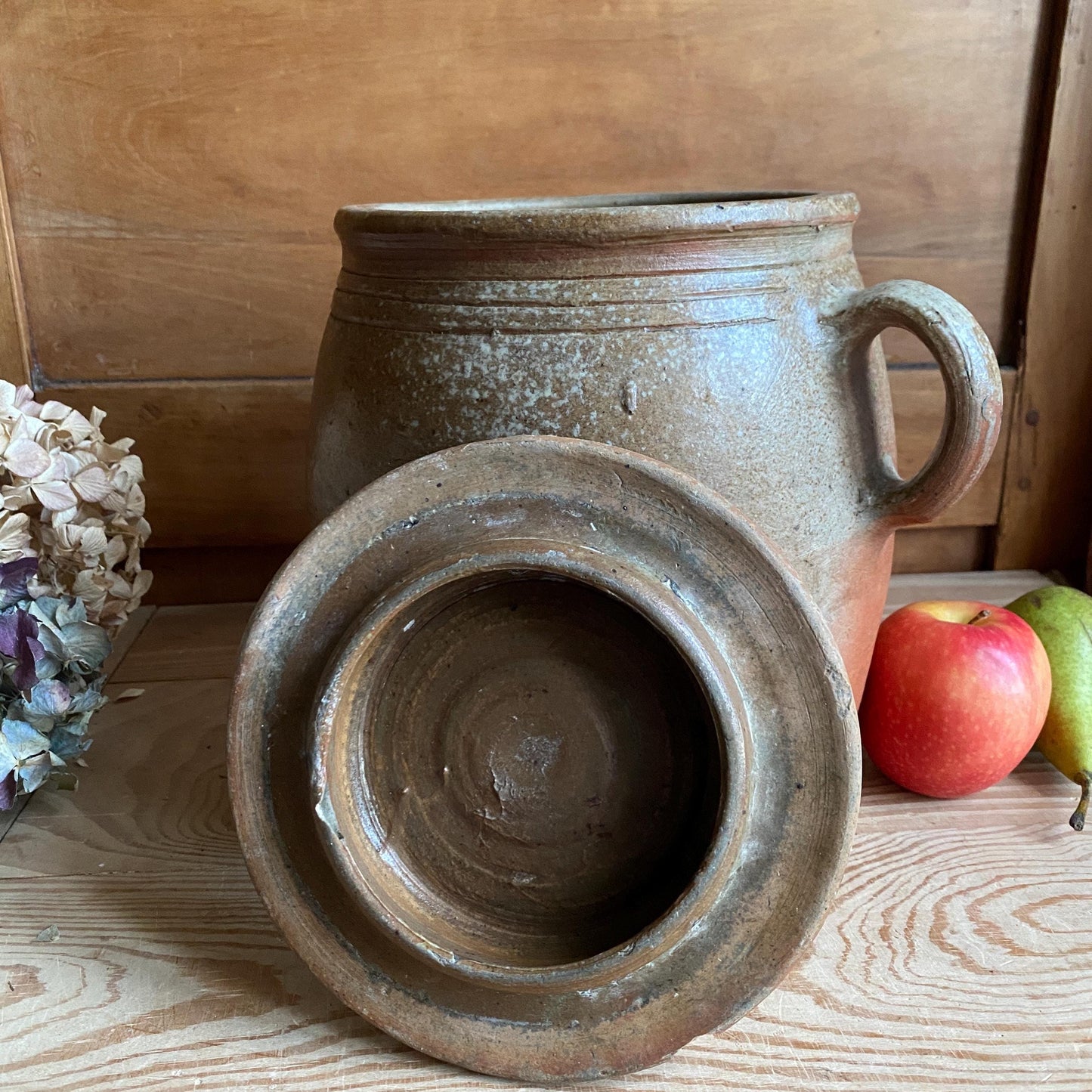 Antique French Confit Pot with lid - mottled glaze two handled stoneware, pale brown and ecru, early to mid 1900s