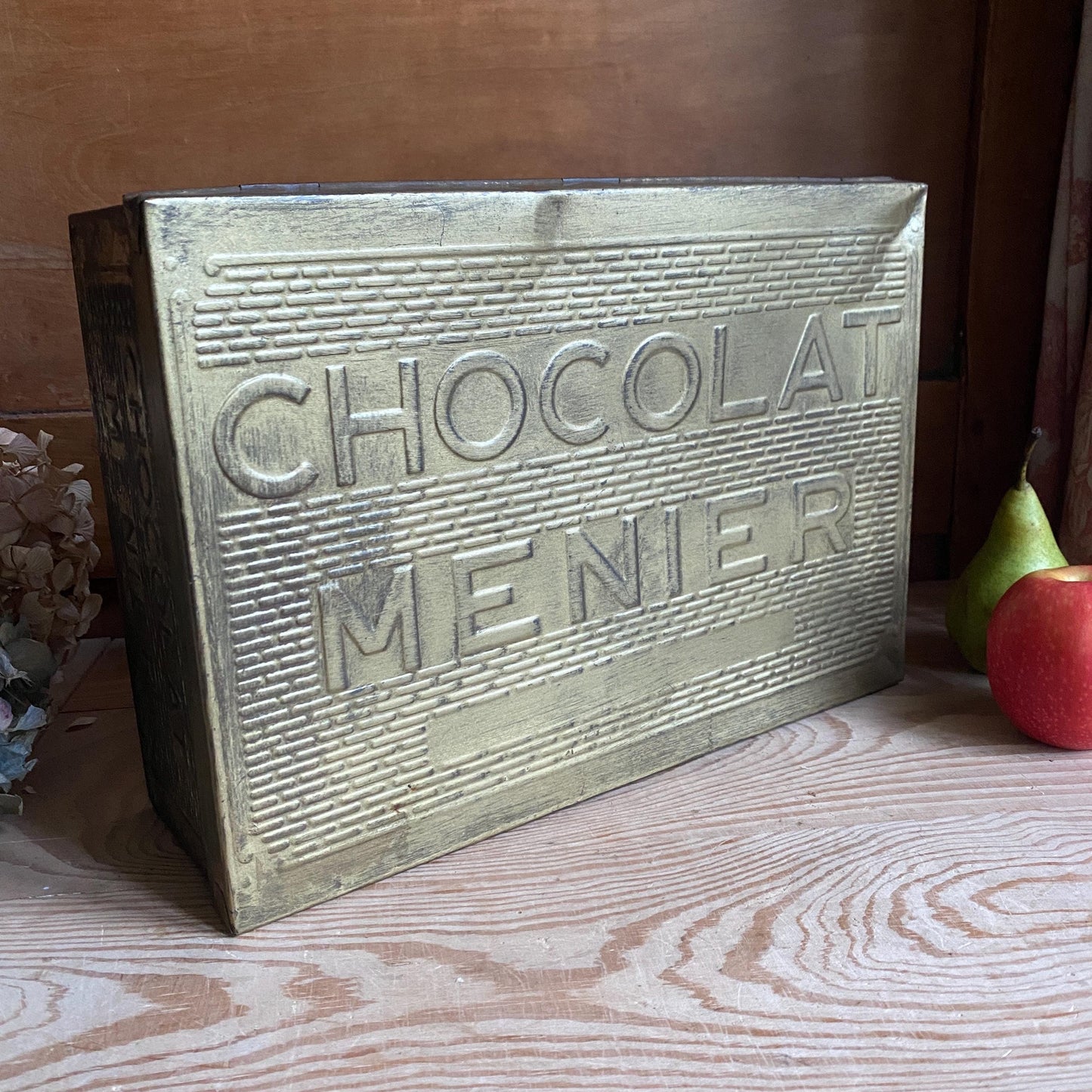 French vintage Chocolat Menier box, rectangular gold coloured tin with vintage lettering France c1950