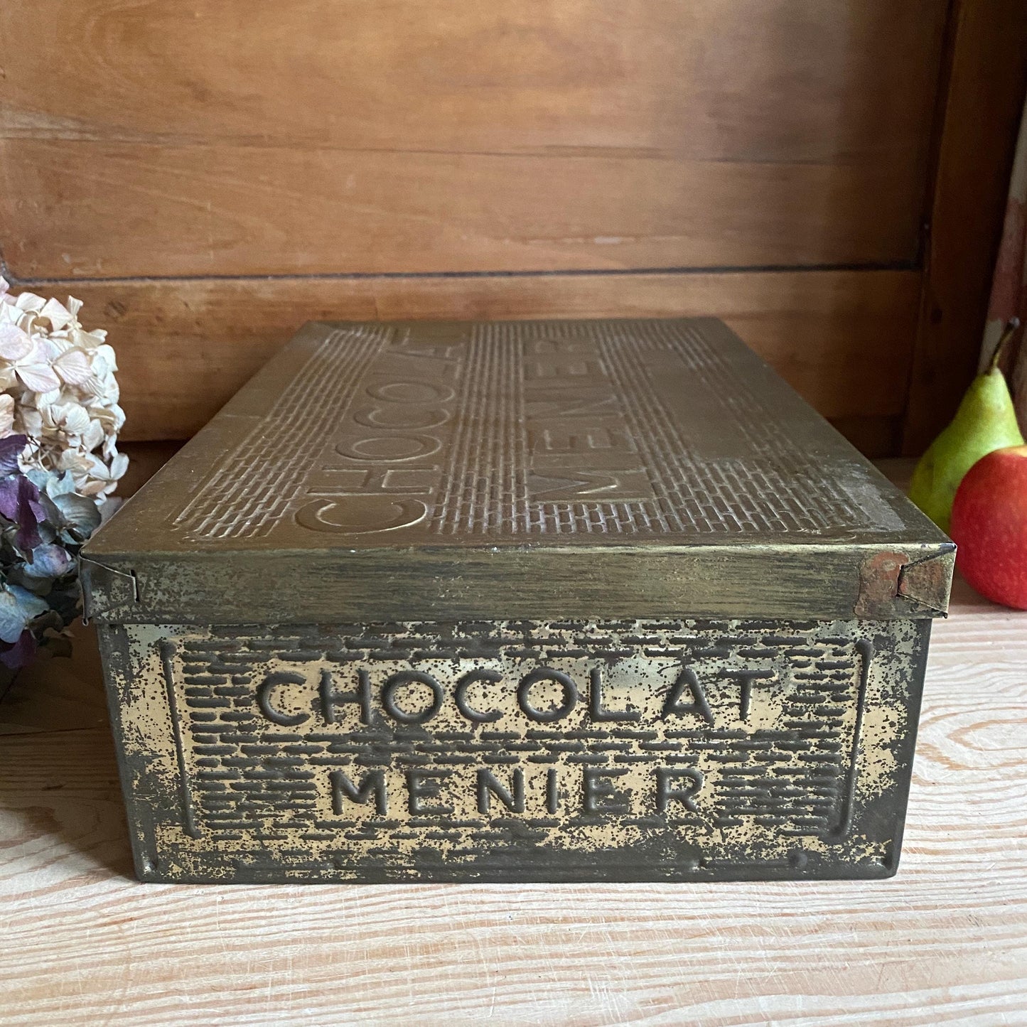 French vintage Chocolat Menier box, rectangular gold coloured tin with vintage lettering France c1950