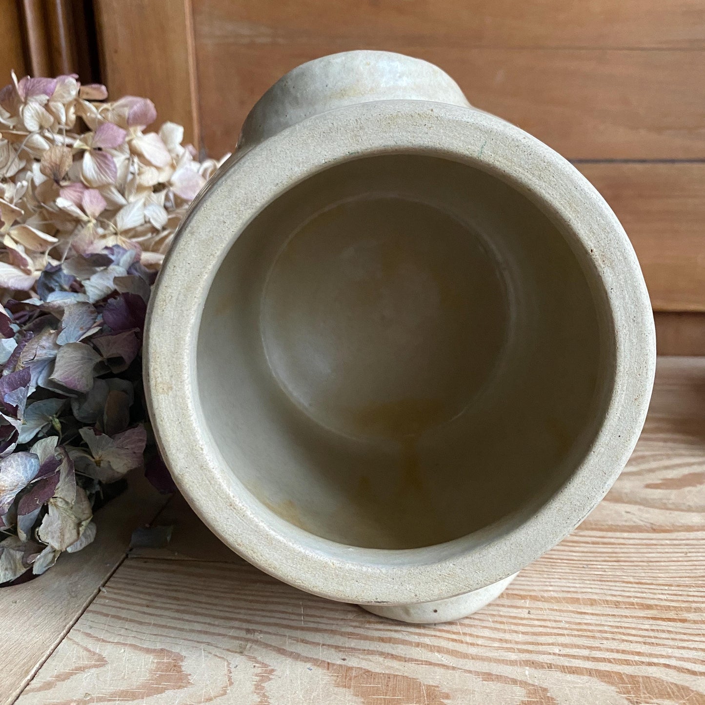 Small Antique French Confit Pot - Glazed attached-handled vintage stoneware, greige, early 1900s