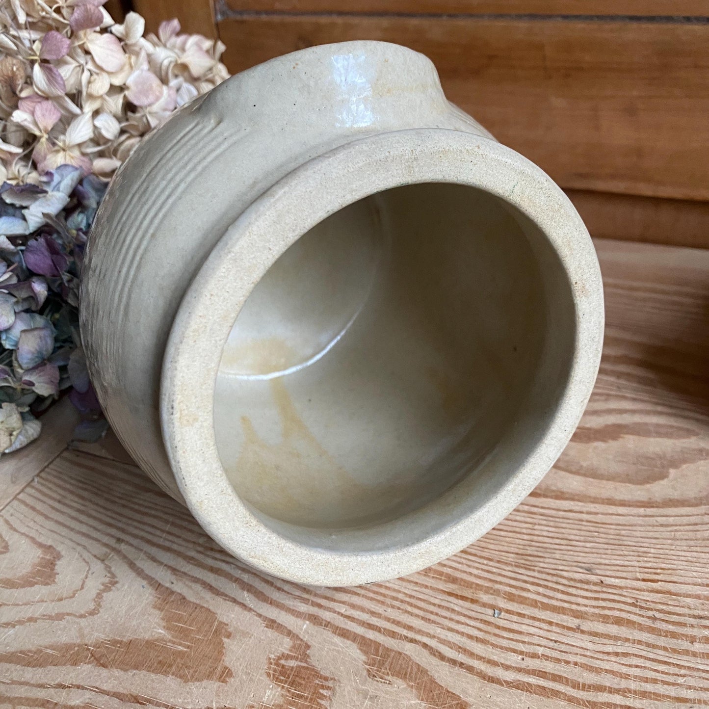 Small Antique French Confit Pot - Glazed attached-handled vintage stoneware, greige, early 1900s