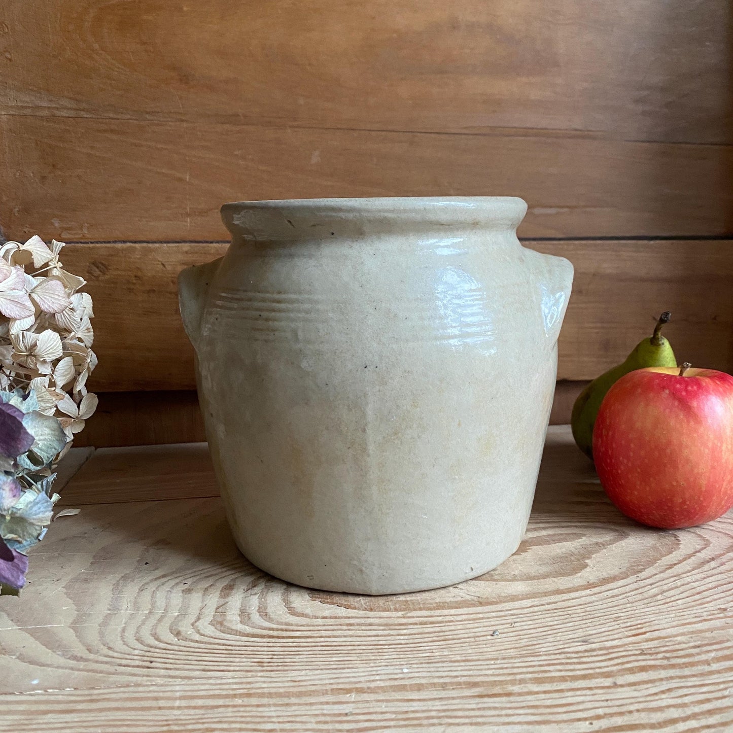 Small Antique French Confit Pot - Glazed attached-handled vintage stoneware, greige, early 1900s