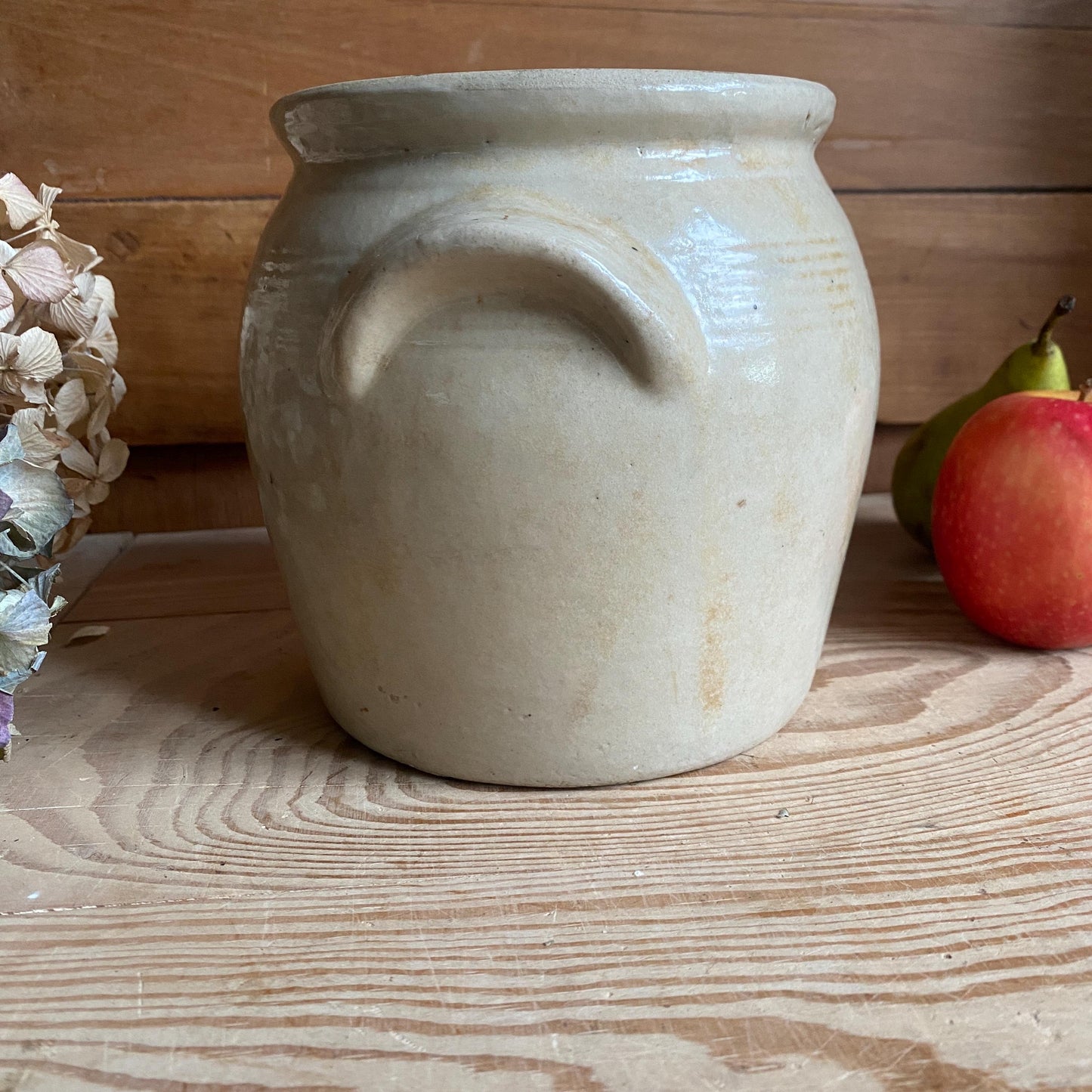 Small Antique French Confit Pot - Glazed attached-handled vintage stoneware, greige, early 1900s