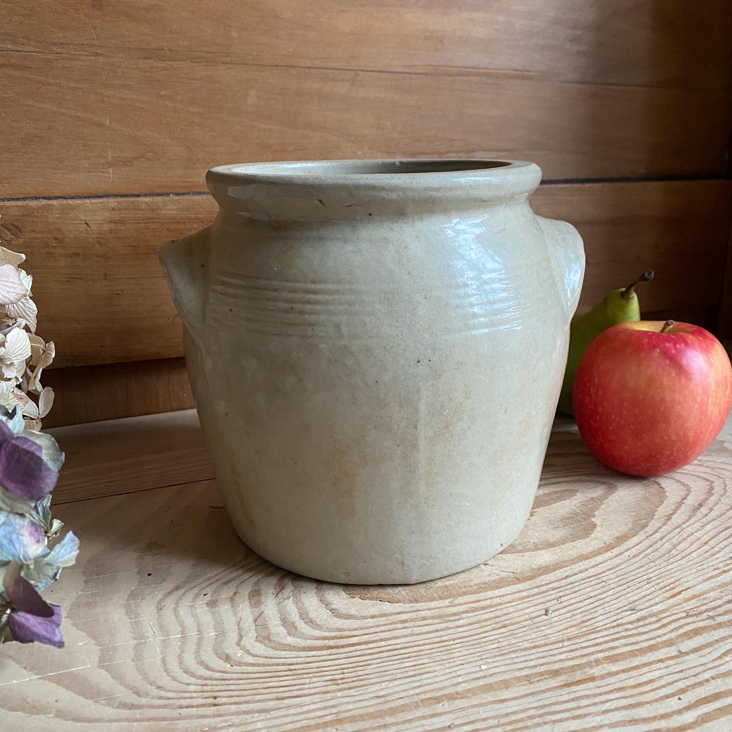 Small Antique French Confit Pot - Glazed attached-handled vintage stoneware, greige, early 1900s