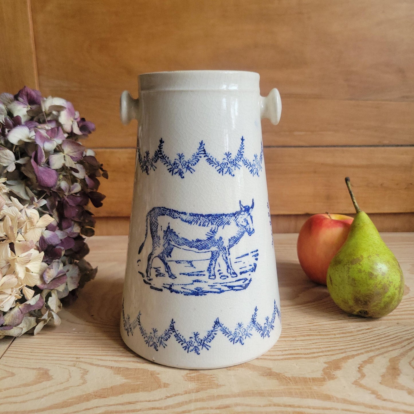 Antique St Uze Stoneware Milk Pail with Cow Motif and Blue Floral Decoration, France c.1900