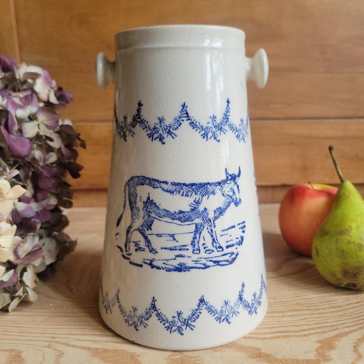 Antique St Uze Stoneware Milk Pail with Cow Motif and Blue Floral Decoration, France c.1900