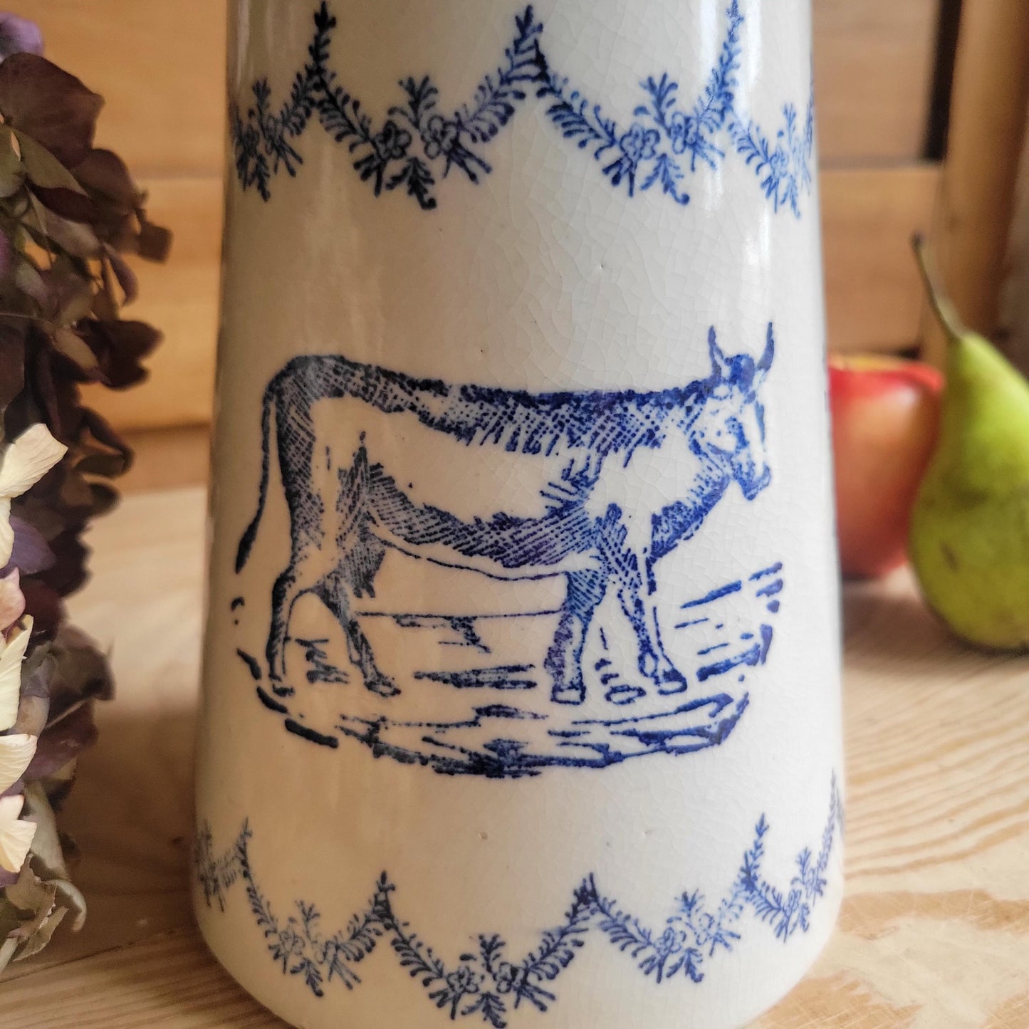 Antique St Uze Stoneware Milk Pail with Cow Motif and Blue Floral Decoration, France c.1900