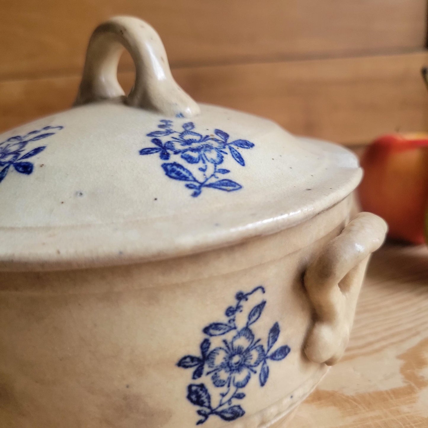 Small Antique St Uze Soupière with Lid, Blue Floral Decoration, rich patina France c.1900