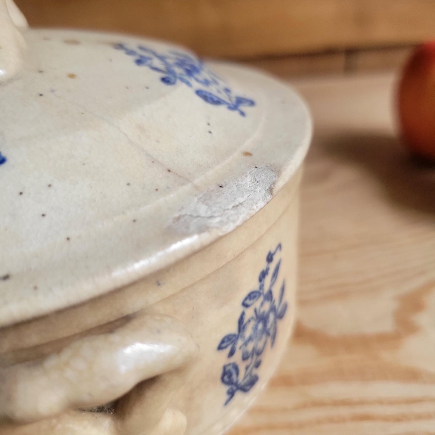 Small Antique St Uze Soupière with Lid, Blue Floral Decoration, rich patina France c.1900