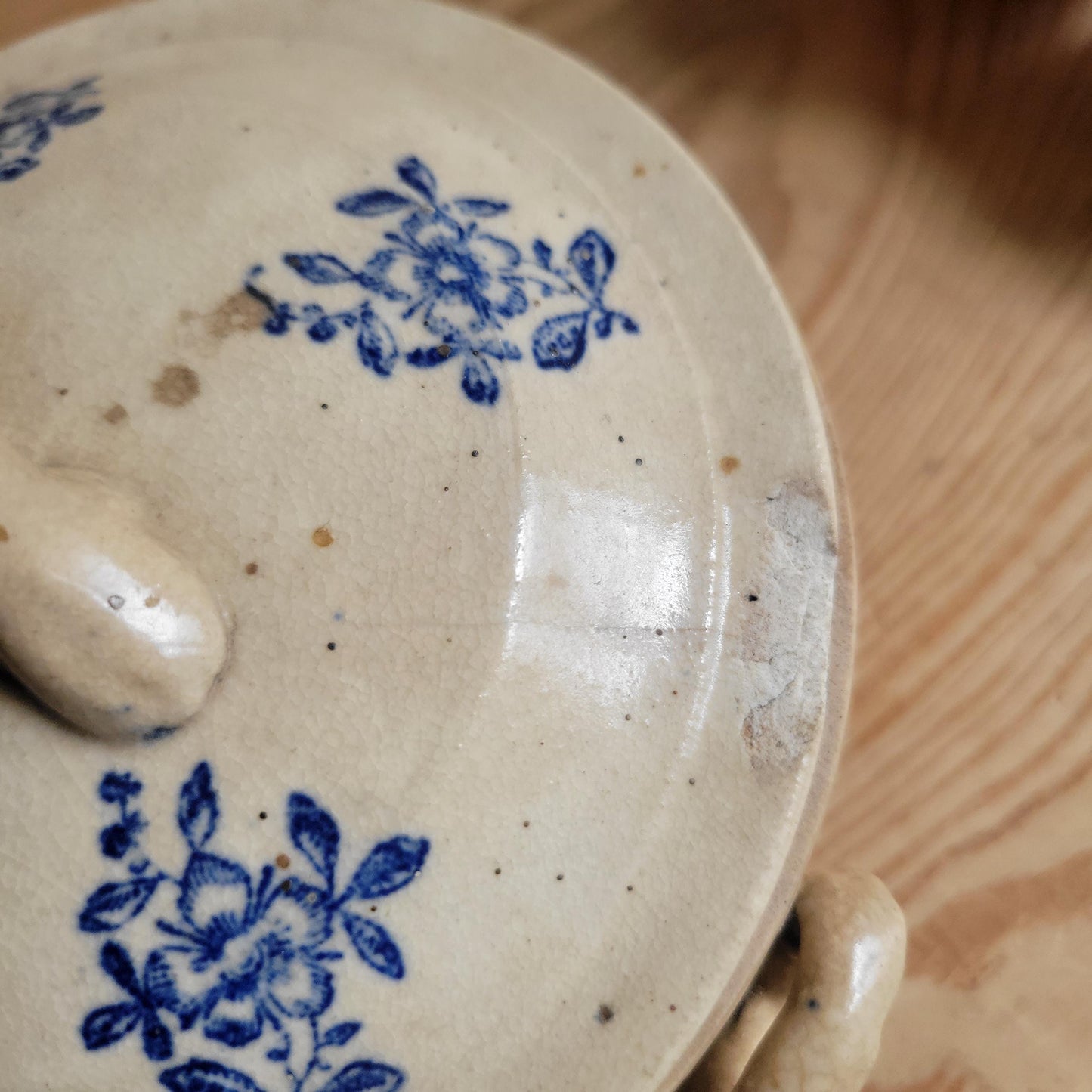 Small Antique St Uze Soupière with Lid, Blue Floral Decoration, rich patina France c.1900