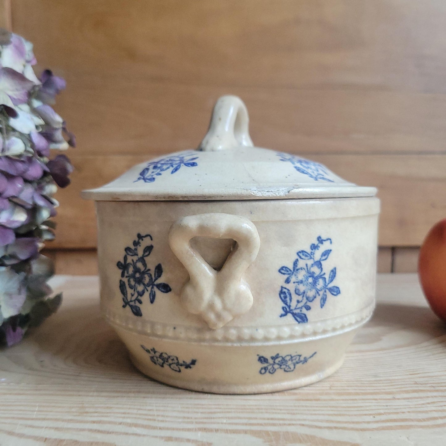 Small Antique St Uze Soupière with Lid, Blue Floral Decoration, rich patina France c.1900