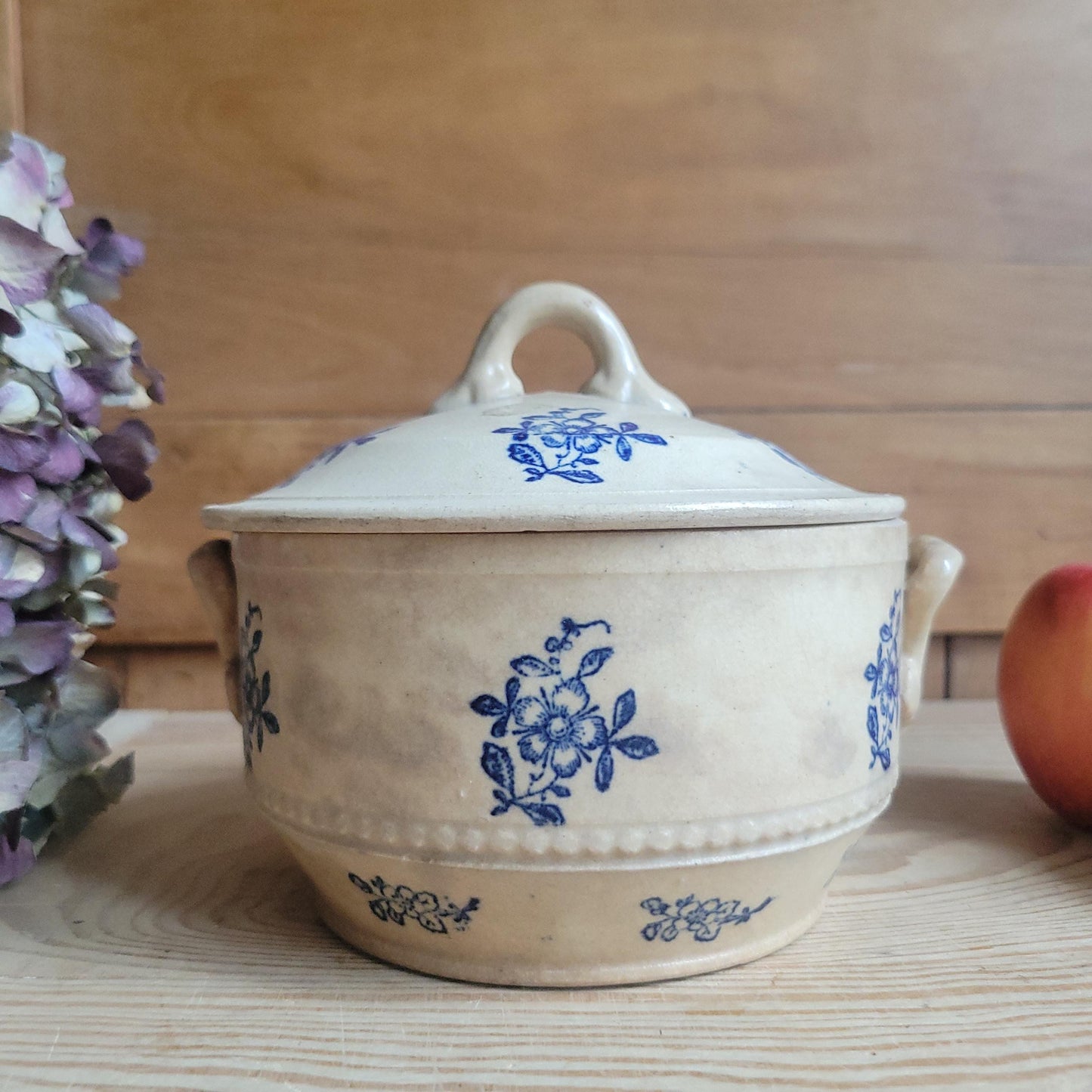 Small Antique St Uze Soupière with Lid, Blue Floral Decoration, rich patina France c.1900