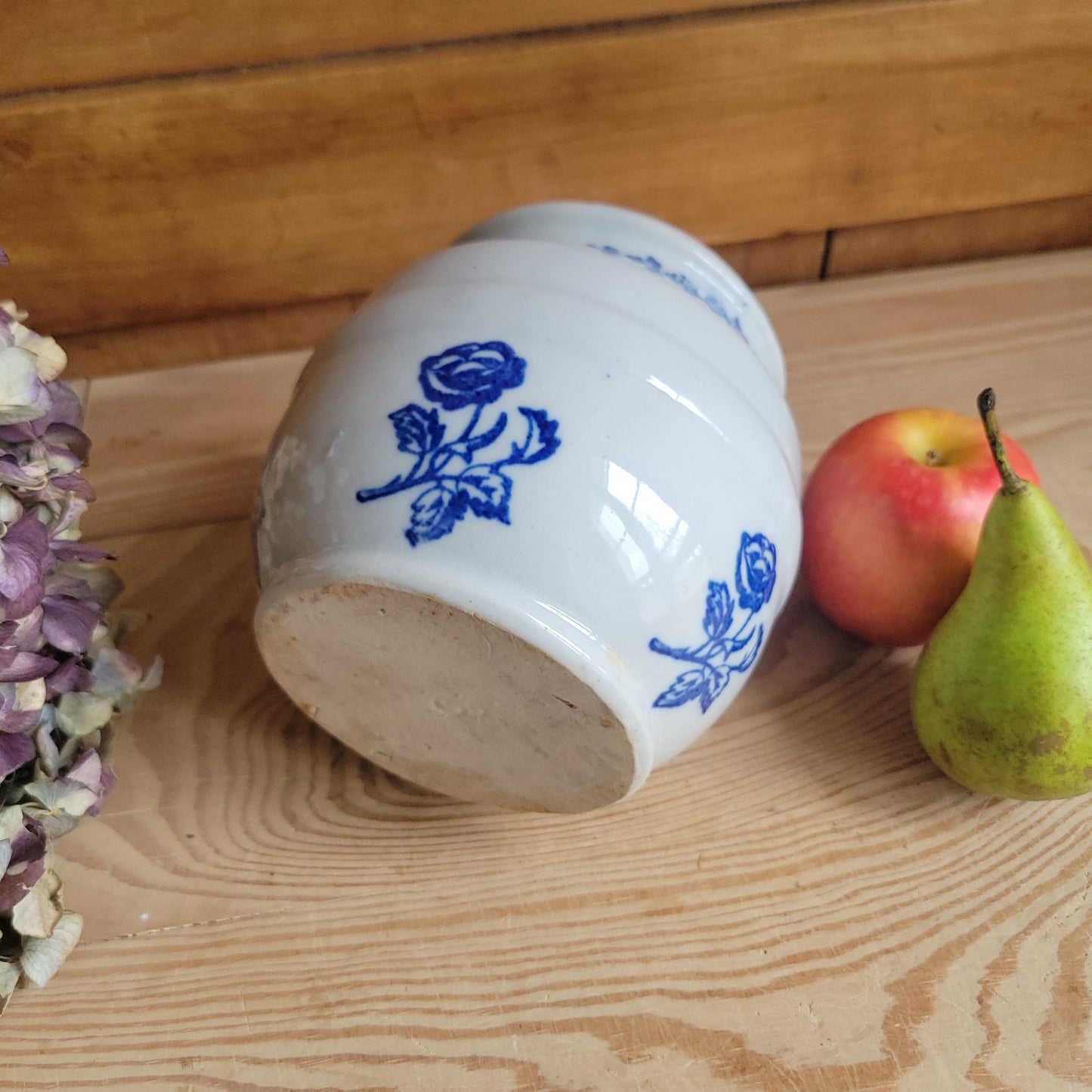 Small Antique St Uze Confit Pot / Cache Pot, Blue Floral Stoneware, France c.1920
