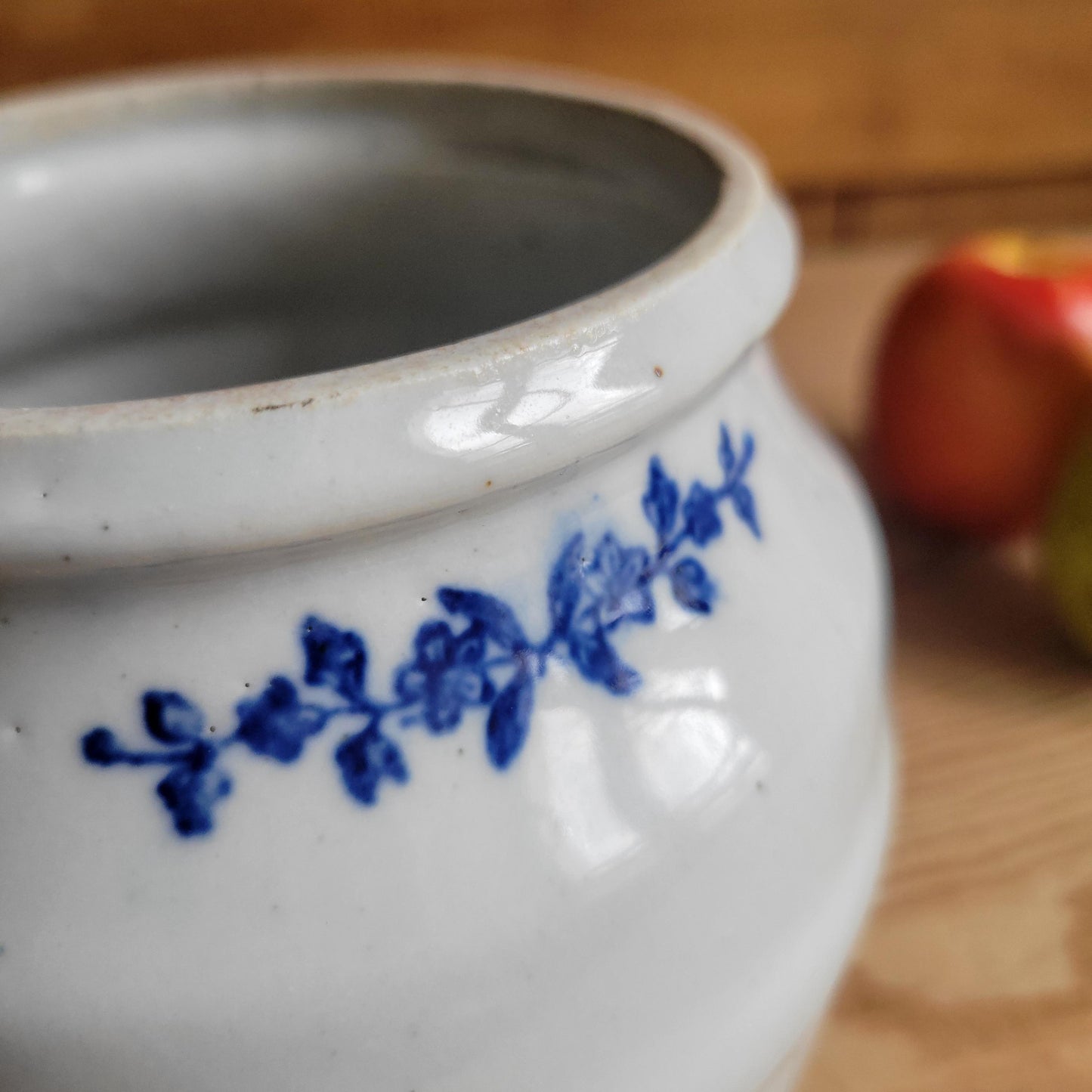 Small Antique St Uze Confit Pot / Cache Pot, Blue Floral Stoneware, France c.1920