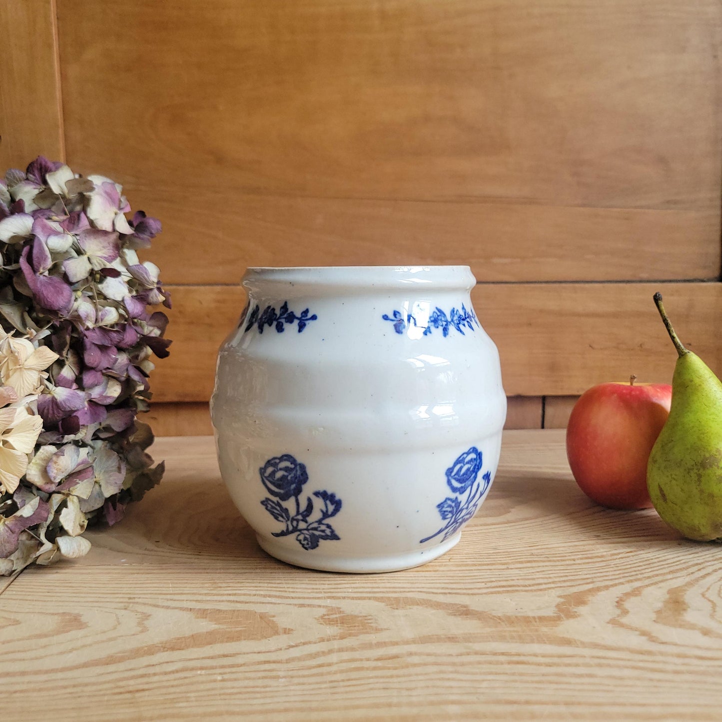 Small Antique St Uze Confit Pot / Cache Pot, Blue Floral Stoneware, France c.1920