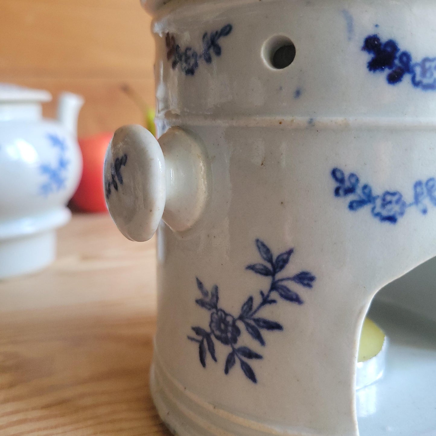 Rare Antique St Uze Théière Chauffante / Tea Warmer Set, Blue Floral Stoneware, France c.1890