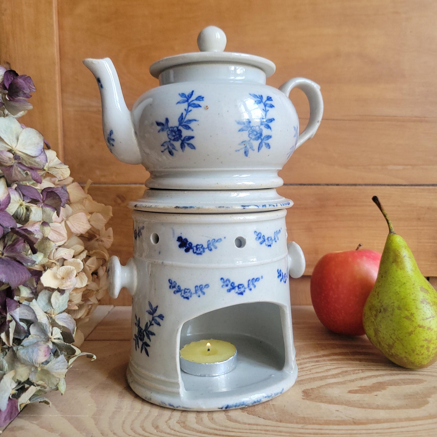 Rare Antique St Uze Théière Chauffante / Tea Warmer Set, Blue Floral Stoneware, France c.1890
