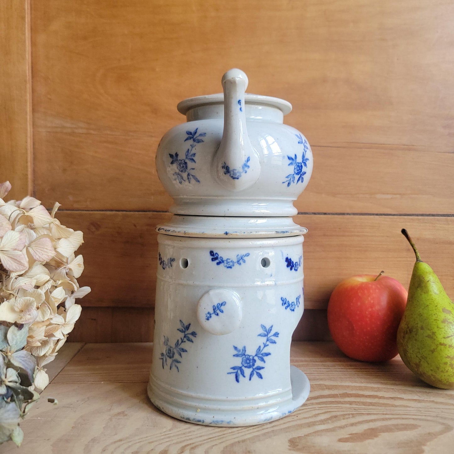 Rare Antique St Uze Théière Chauffante / Tea Warmer Set, Blue Floral Stoneware, France c.1890
