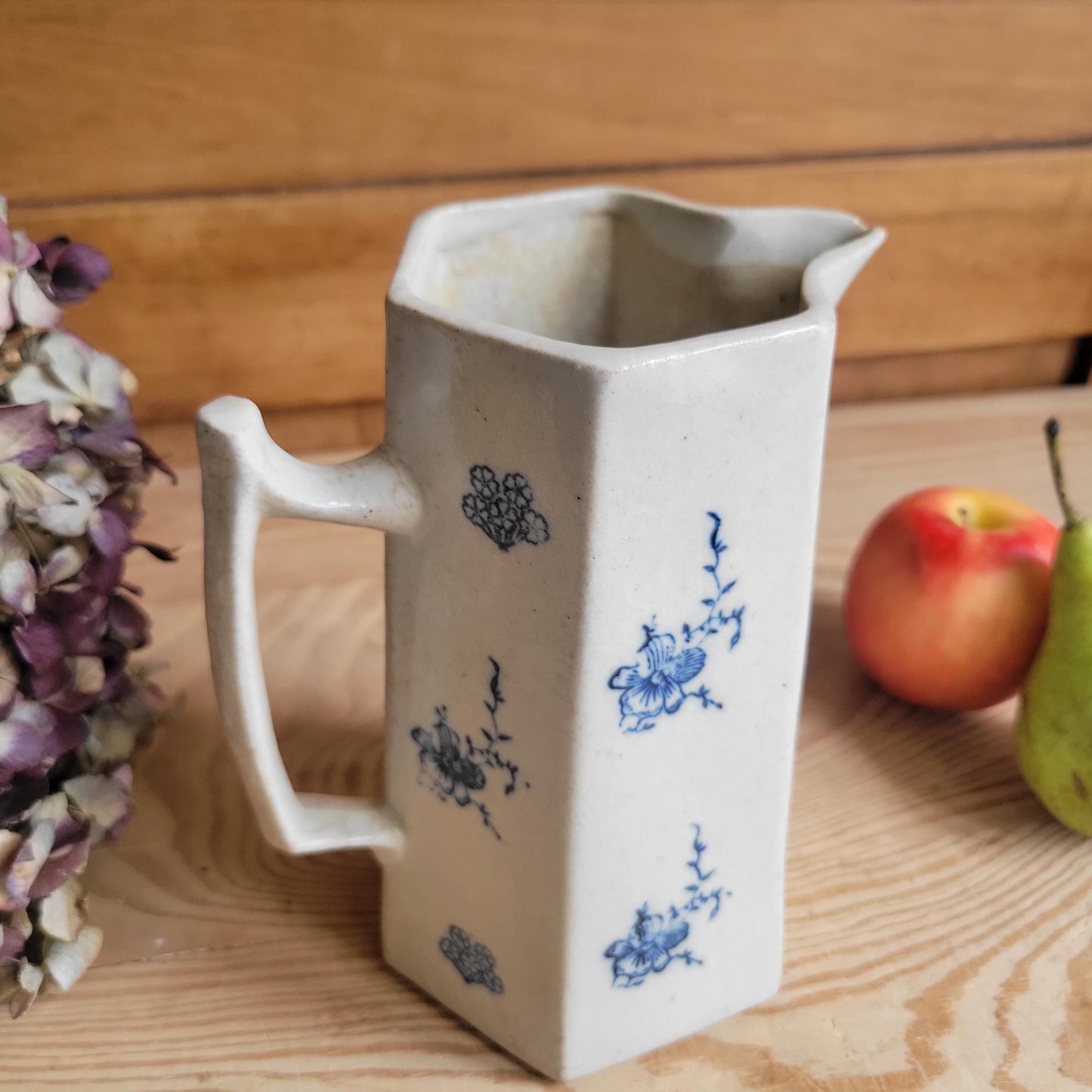 Antique Hexagonal St Uze Jug with Blue Floral Decoration, France c.1910