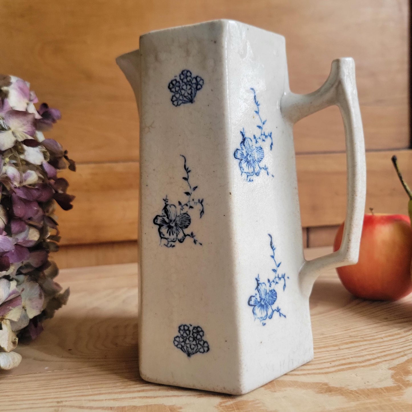 Antique Hexagonal St Uze Jug with Blue Floral Decoration, France c.1910