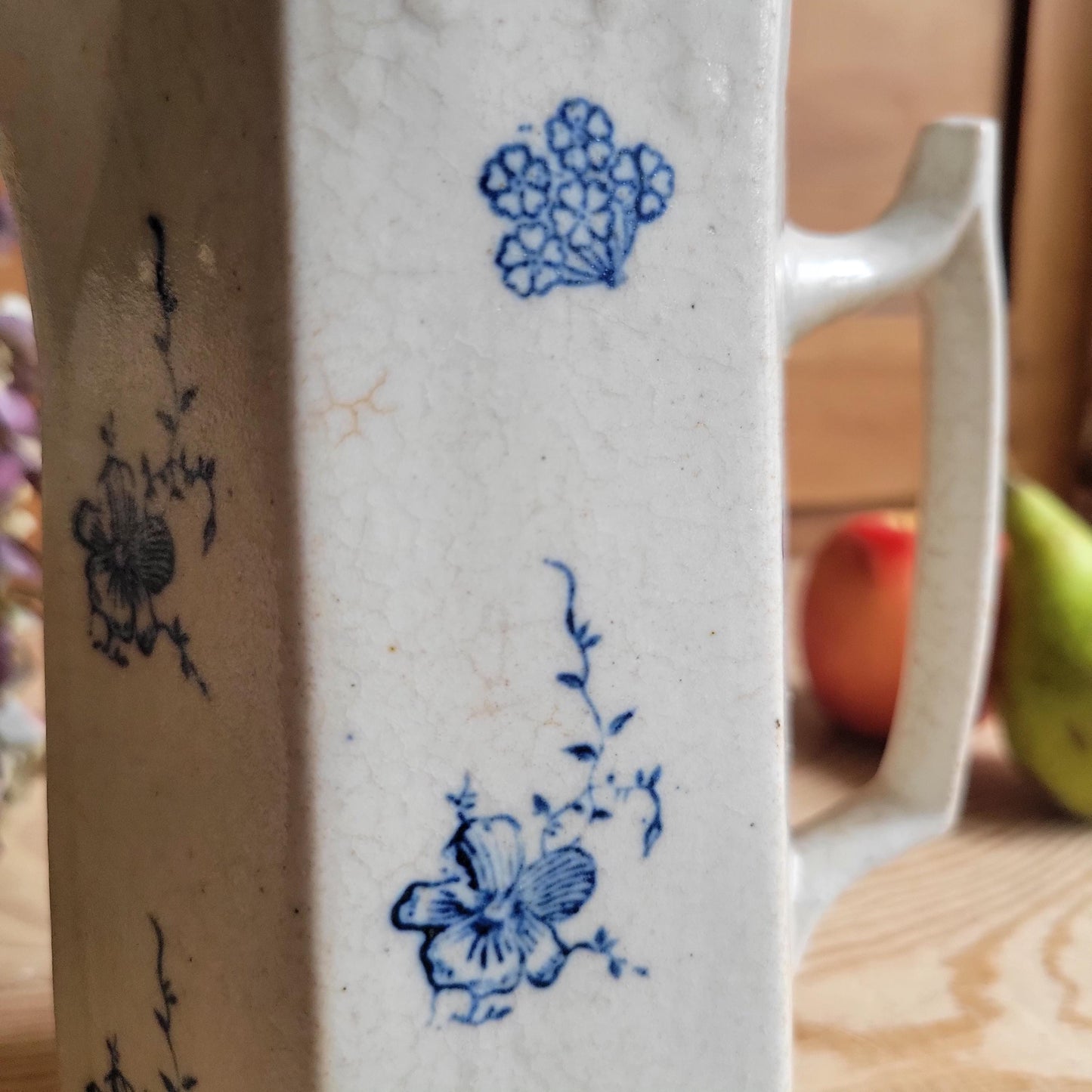 Antique Hexagonal St Uze Jug with Blue Floral Decoration, France c.1910